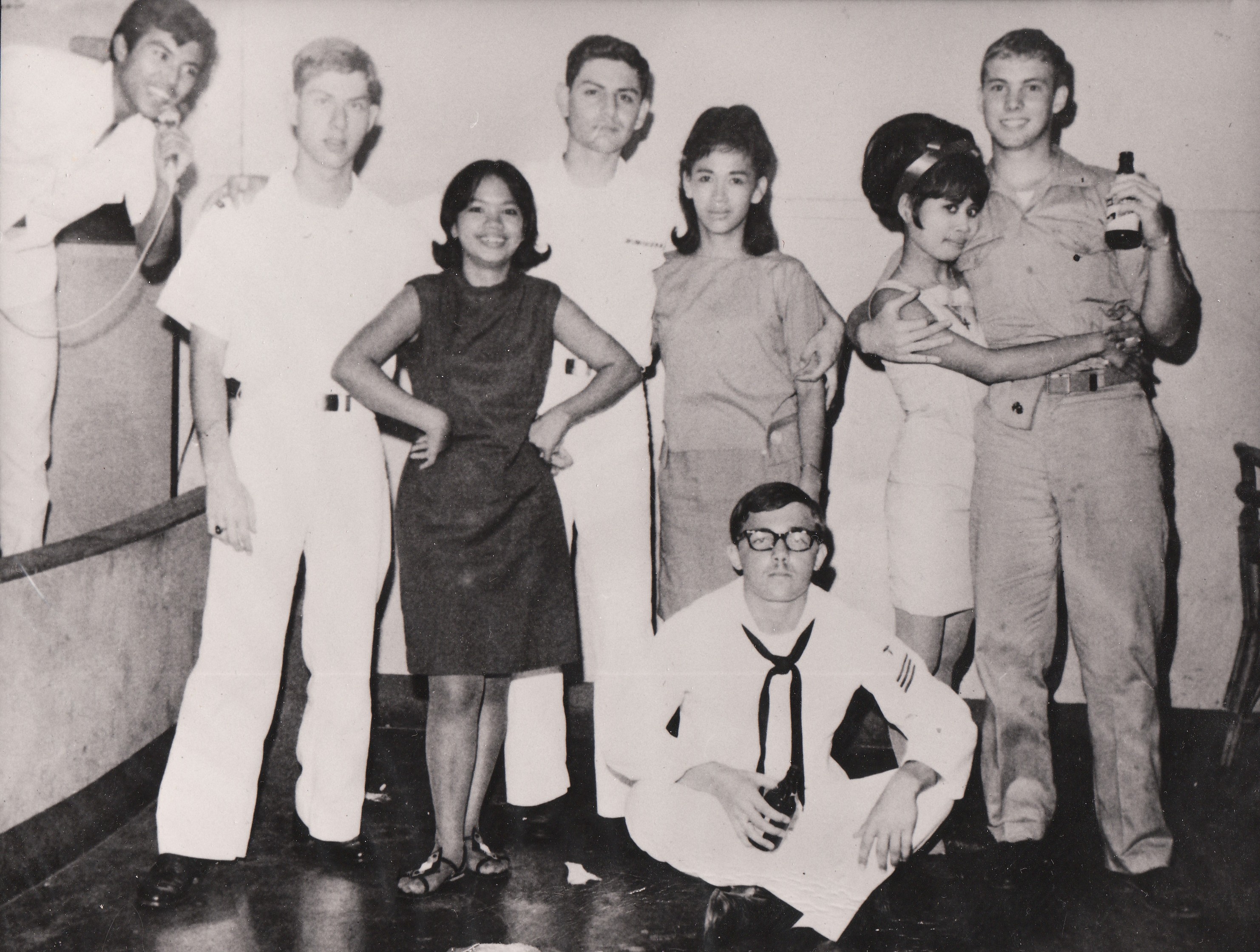 Group in bar with corpsmen from the hospital ship